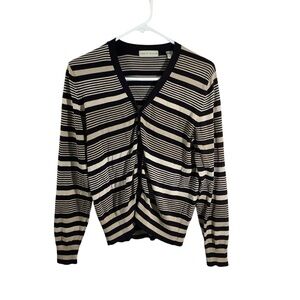 Lord & Taylor Silk Blebd Striped Black and Cream Sweater Cardigan